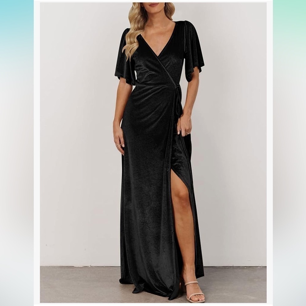 MEROKEETY Women's V Neck Wrap Velvet Maxi Dress Bell Sleeve, NWT!